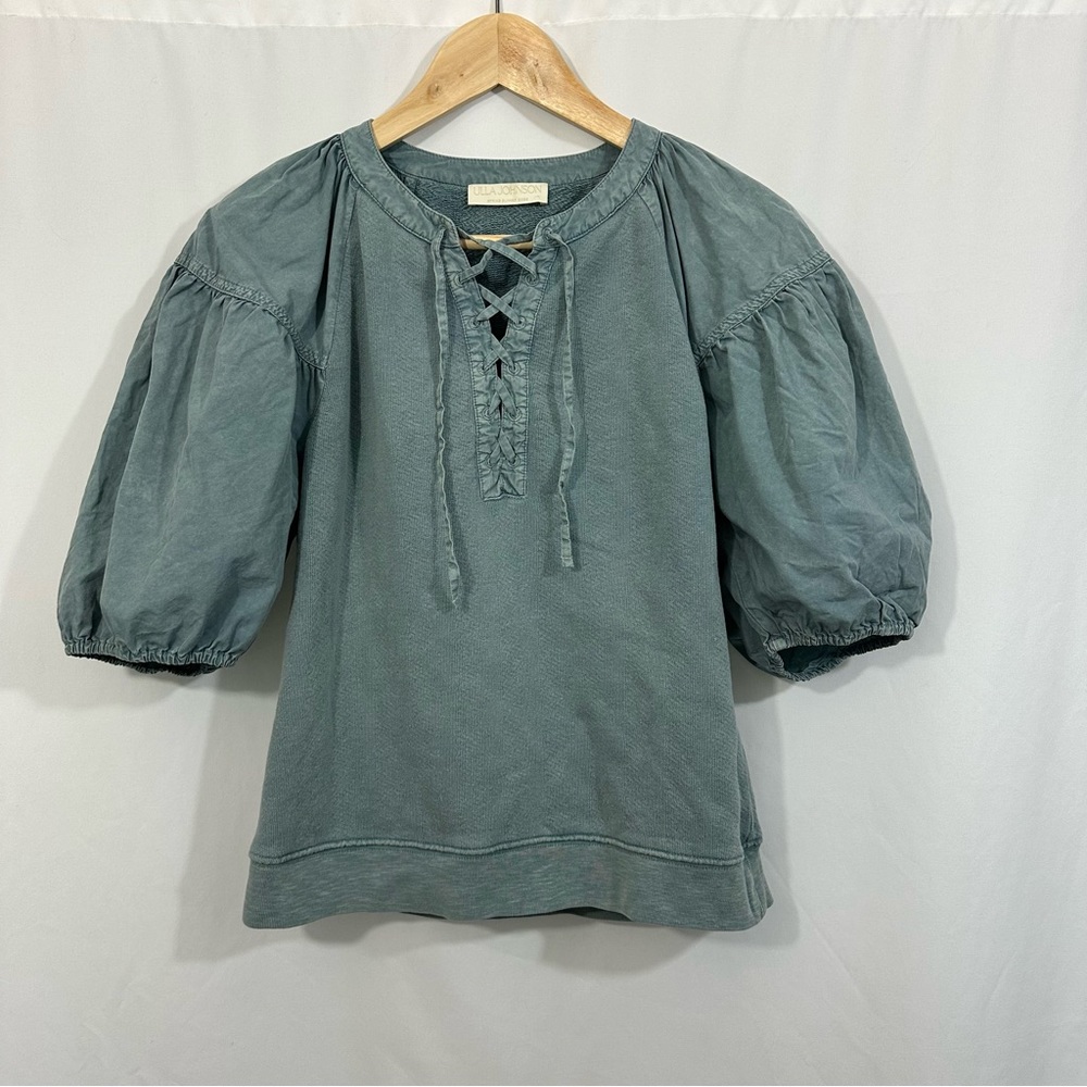 Ulla Johnson Dusty Teal Puff-Sleeve Lace-Up Top